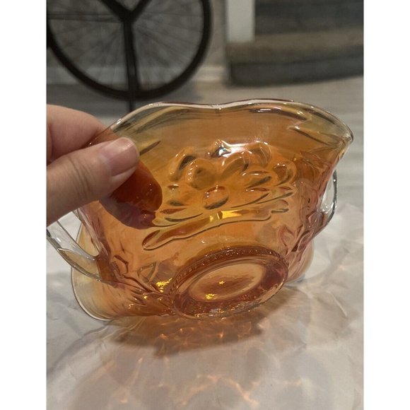 Vintage Orange Carnival Glass Candy Dish with 2 Handles Flower Lotus Water Lilly - Picture 2 of 6